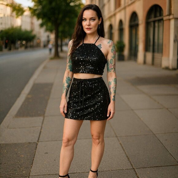 HYFVE Black Sequin Halter Crop Top & Mini Skirt Set w/ Lace-Up – Size L NWT - Picture 3 of 5